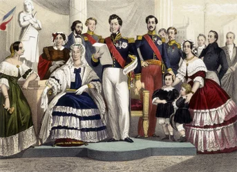 Van 1830 tot 1848. Prinses Marie, Marie Amélie, Louis Philippe 1e, de Graaf van Parijs, De Hertog van Chartres en Prinses Hélène. Gravure uit de 19e eeuw