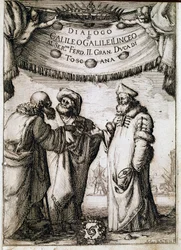 Frontispice van Dialoog over de twee grote wereldsystemen (dialogo sopra i due massimi sistemi del mondo) in opdracht van paus Urbanus VIII aan de astronoom en natuurkundige Galileo Galilei (Galileo Galilei)