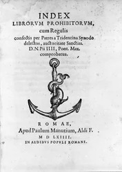 Frontispice van Index Librorum Prohibitorum (Index van Verboden Boeken of Index Exurgatorius) gepubliceerd in Rome in 1564. Hij vermeldt boeken die rooms-katholieken niet mochten lezen.