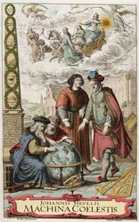 Frontispice van Machina coelestis door Johannes Hevelius (Jan Heweliusz) (1611-1687) 1673 - Johannes Hevelius (1611-87) Poolse astronoom; afbeelding toont de vier grote astronomen, Hipparchus (ca. 190-120 v.Chr.), Ptolemaeus (83-161 n.Chr.)