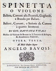 Frontispice van muzikale partituur van Balletti, correnti alla francese opus 3 door Giovanni Battista Vitali