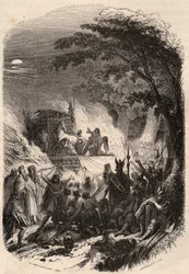 Begrafenis van een Germaanse hoofdman in de oudheid: zijn lichaam wordt verbrand met zijn wapens en zijn paard. Gravure uit 1868 in 