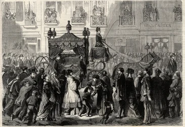 Begrafenisstoet tijdens de uitvaart van Gioacchino Rossini (1799-1868) in Parijs. Gravure in 