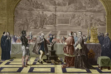 Galileo Galilei voor de Inquisitie van het Heilige Officie in het Vaticaan (1632) (gravure naar het schilderij van Robert-Fleury Joseph Nicolas)