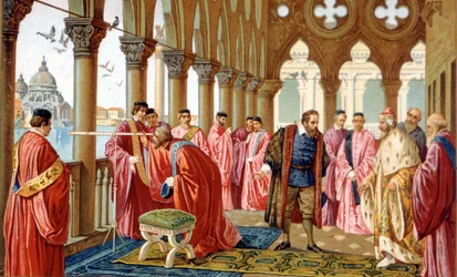 Galileo Galilei (1564 - 1642) presenteert zijn telescoop in het Dogepaleis in Venetië