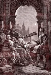 Galileo toont de eerste telescoop aan de Doge van Venetië (gravure