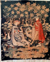 Galante scène, het geschenk van het hart (tapijt, ca. 1400-1410)