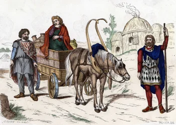 Gallische woning, vrouw, boer, wagen, rijke boer, harnas.