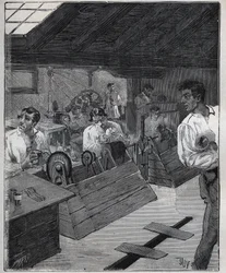Galvanische vergulding: schrapen van gouden sieraden met een schraper-boesse. Gravure uit 1885 in 