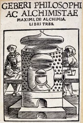 Geberi philosophi ac alchimistae titelpagina van een alchemie deal. Geber (v721-v815), Arabische Alchemist