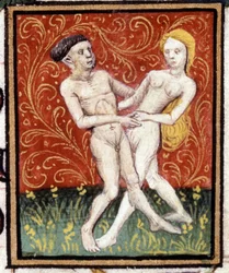 Tweelingen. Miniatuur van een horoscoop. 15e-eeuws manuscript. Bibl. Trivulziana, Milaan