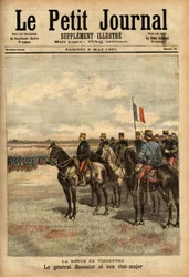 Generaal Felix Gustave Saussier en zijn staf inspecteren de troepen in Vincennes. Gravure in 