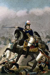 Generaal Jean Lannes, Hertog van Montebello (1769-1809) bij de Slag bij Essling (21 - 22 mei 1809) Gravure 19e eeuw. Milaan