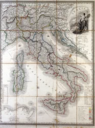 Geografische kaart van Italië in 1850 met de afbakening van de grenzen van de verschillende staten waaruit het land vóór de Risorgimento bestond.