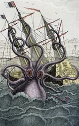 Reuzenoctopus (Kraken) valt een schip aan - van Denys-Montfort in 