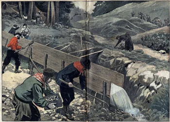 Goudkoorts in Alaska: goudzoekers wassen goudmodder. Een vrouw raapt klompjes op terwijl nieuwe goudzoekers het kamp binnenkomen. Illustratie in Le Pelerin van 20 februari.