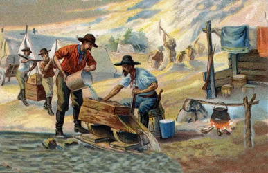 Goudzoeker: methode om inheems goud te wassen dat wordt gescheiden van stenen en zand. Chromolithografie uit de late 19e eeuw.