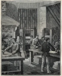 Goudsmid: voorbereiding van de plaat, voorbereiding van het metaal voor de uitvoering van een speciaal zilverwerk. Gravure uit 1885 in 