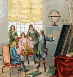Gottfried Wilhelm Leibniz (1646-1716), Duitse filosoof en wiskundige; demonstreert zijn theorieën over differentiaalrekening. Chromolithografie, eind 19e eeuw