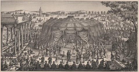 Groot banket gegeven door Tamerlan (1336-1405) in de vlakte van Khani Gheul om het huwelijk van zijn kleinkinderen te vieren. Gravure 19e eeuw.