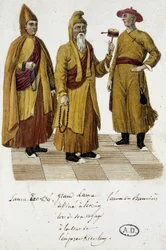 Grote Lama en Lama Lao-Tseu (?) bezoeken het hof van Peking - gravure