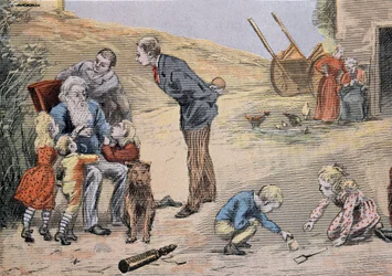 Grootvader legt catechismus uit aan de kinderen. In 