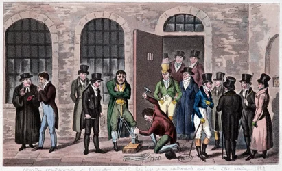 Groot-Brittannië Gevangenis: Een doodvonnis is gehecht aan de Newgate-gevangenis in Londen (vaak genoemd in de romans van Charles Dickens). Gravure rond 1823. Bibliotheek van Decoratieve Kunsten.