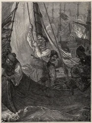Griekse Onafhankelijkheidsoorlog 1821 - 1829: Constantine (Constantine) Kanaris (Konstantinos Canaris) verbrandt het vlaggenschip van de Turkse vloot voor Chios