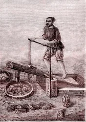 Het malen en vermalen van bamboe, papierfabricage in China (3e eeuw v.Chr.) (gravure