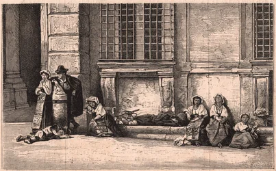 Groep Napolitaanse boeren zittend voor het paleis Farnese in Rome, Italië