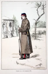 Vredesbewakers mobiliseren (1871). Kleurgravure, ter illustratie van het boek Histoire du corps des gardiens de la paix, gepubliceerd onder auspiciën van Louis Lepine (1846-1933) prefect van politie van de Seine, door Alfred Rey (1864-?) en Louis Feron (18