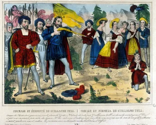Guillaume Tell (legendarische held van de Zwitserse onafhankelijkheid). De barbaar Gesler dwingt Guillaume Tell om met een pijl een appel van het hoofd van zijn kind te schieten. Gravure uit de 19e eeuw