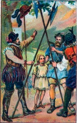 Willem Tell (legendarische held van de Zwitserse onafhankelijkheid) weigerde te buigen voor de hoed. Chromolithografie uit het einde van de 19e eeuw.