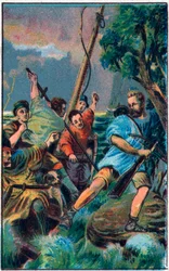 Guillaume Tell (Wilhelm Tell) (legendarische held van de Zwitserse onafhankelijkheid) ontsnapt uit de boot van Gessler. Chromolithografie van de late 19e eeuw