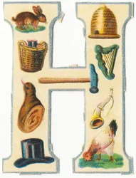 H: haas, bijenkorf, oogstmand, harp, hamer, ham, hoorn, hoed, hen