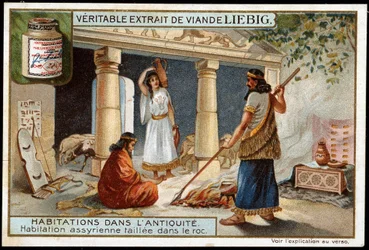 Woningen in de oudheid: Assyrische woning uitgehouwen in de rots (Mesopotamië) - Liebig chromolithografie
