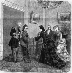 Handdruk tussen Elisabeth de Mac Mahon (1834-1900) en de Oostenrijkse Keizerin Elisabeth de Wittelsbach (1837-1898) (Sissi) tijdens het bezoek van de President van de Franse Republiek Patrice de Mac-Mahon (1808-1893) aan Oostenrijk. 1875. Gravure in 