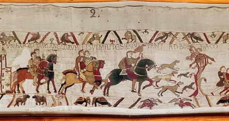 Harold wordt met zijn mannen naar Normandië gestuurd door Edward de Belijder, Tapijt van Bayeux
