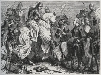 Hendrik III wordt gevangengenomen door Simon V van Montfort in Lewes, Sussex 1264 - gravure 1864.