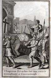 Heraclius I (Flavius Heraclius, Herakleios), Byzantijnse keizer, maakte een triomfantelijke intocht in Constantinopel. Hij klom op een wagen getrokken door vier olifanten en bracht voor zich het Ware Kruis (Heilige Kruis) dat was meegenomen