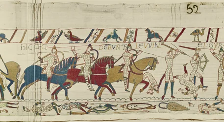 Hier vielen de broers van Harold: Gyrth en Leofwine, Tapijt van Bayeux
