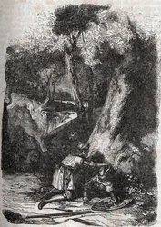 Hermonides omvergeworpen en gered door Zerbin - gravure van 1851 uit 
