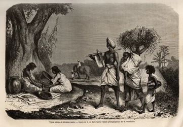 Hindoe types van verschillende kasten, een familie van vaysias (handelaren), aan de voet van de boom, twee vrouwen van de sudras kaste