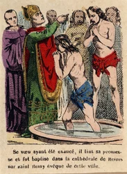 Zijn gelofte was vervuld, Clovis werd gedoopt in de kathedraal van Reims door Sint Remigius, bisschop van de stad