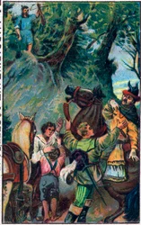 Geschiedenis van Guillaume Tell (Wilhelm Tell) (legendarische held van de Zwitserse onafhankelijkheid): de dood van Gessler. Chromolithografie uit het einde van de 19e eeuw.
