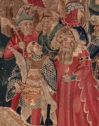 Geschiedenis van Sint Piat en Sint Eleuthère, Scene 12: De opstanding van de dochter van de tribuun (Comment Jehsucrist reclama le bon saint et ressuscita par chy la fille de tribun present son père et le commun) (detail)