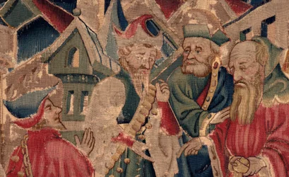 Geschiedenis van Sint Piat en Sint Eleuthère, Scene 14: De pest verwoest de stad Doornik (Tribuns voit sa fille retraire des crestiens et elle atraire a sa loy dont la mors soudaine en fut tost as paiens prochaine) (detail)