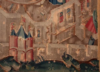 Geschiedenis van Sint Piat en Sint Eleuthère, Scene 6 Detail rechtsonder. Stadsmuren