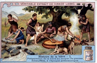 Geschiedenis van bier: bereiding van bier met warme stenen in de prehistorie - Liébig reclame sticker