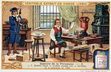 Geschiedenis van porselein: Johann Friedrich Böttger (Böttcher of Böttiger) (1682-1719) ontdekt in 1709 de juiste methode om porselein te maken - Liebig-chromolithografie